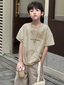 DAZY 青少年男孩街头风格休闲印花圆领宽松短袖 T 恤，返校服装 - 杏色 - 查看 4