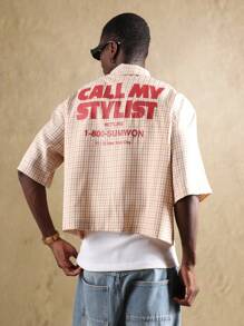 SUMWON Streetwear Short Sleeve Gingham Check Button Down Shirt Graphic Print Hotline Fashion Casual Summer Wear - Apricot - View 2