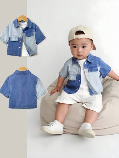 SHEIN 男婴撞色蓝色拼布牛仔领短袖衬衫