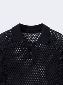 SHEIN 青少年男孩休闲纯色纹理 Polo 领短袖针织衬衫，百搭舒适，适合通勤、上学、日常生活、度假、运动、春夏季 - 黑色 - 查看 5