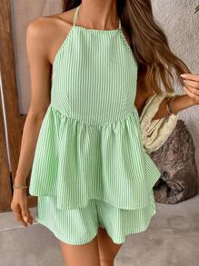 INAWLY Conjunto de 2 piezas para mujer: Top corta sin espalda con volante, tirantes finos y rayas tejidas + Pantalones cortos sueltos con cintura elástica, ajuste normal, para verano - Verde - Ver 6