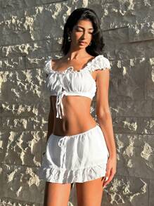 EgrlEra 2pcs/Set Women Puff Sleeve Cropped Top + Floral Splice Mini Skirt - White - View 5