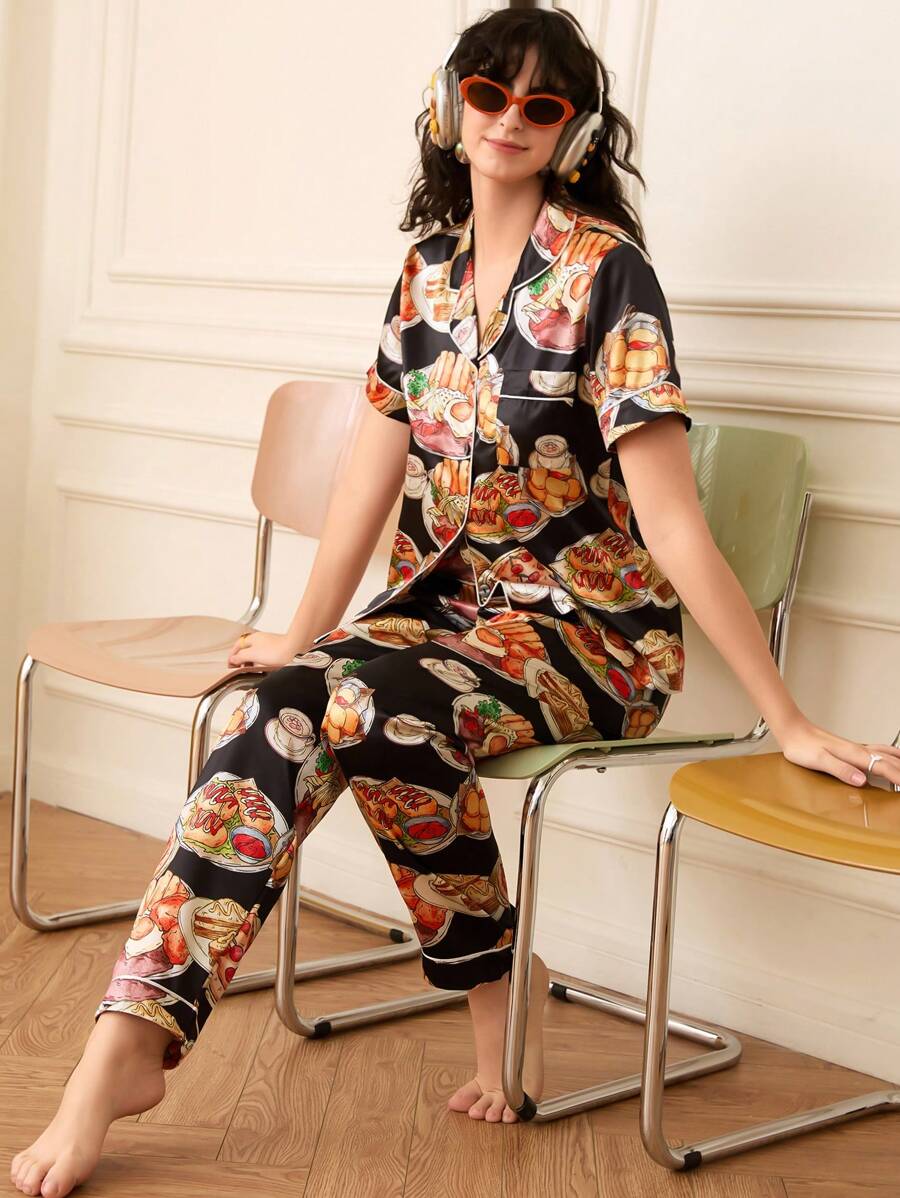 时尚美式汉堡印花缎面翻领女士睡衣套装 - 彩色 - 查看 1