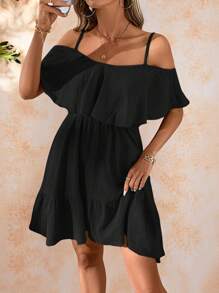 Amorya Women's Elegant Romantic Solid Green Textured Chiffon Fabric Off-Shoulder Ruffle Hem Camisole Dress, Spring/Summer Holiday,Dresses For Women SummerFall/Winter Women Clothes Back To School Modest Vintage Old Money Teacher Outfits For Women Airport Beautiful Clothing For Women - Black - View 5