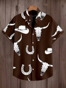 StoneGrade 夏季男士休闲西式印花短袖衬衫 - 棕色 - 查看 2