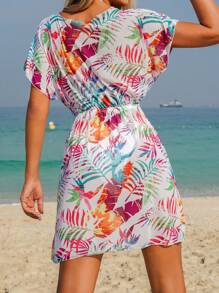 Swim Lushoire Rochie de plajă cu mânecă scurtă, casual, cu imprimeu de plante tropicale, decolteu în V