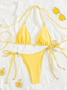 Swim Mod 2 chiếc/Bộ đồ bơi bikini buộc dây màu trơn thời trang mùa hè gợi cảm trang trí đáy hình sao biển + dây buộc bên hông - Màu vàng - Xem 5