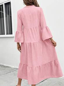 SHEIN LUNE Đầm suông rộng rãi đơn hàng khuy đơn cổ chữ V màu trơn cho nữ, trang phục maxi xuân hè cho nữ - Bụi hồng - Xem 2