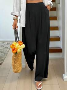 SHEIN LUNE Flowy Pants Work Pants Black Pleated Wide-Leg Pants, Suitable For Casual Outings, Office, And Commuting Airport Women Outfits Women Pants Wide Leg Palazzo - Black - View 3