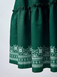 SHEIN Explorewe Tween Girl Puff Sleeve Ruffle Hem Printed A-Line Dress - Dark Green - View 7