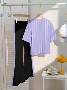 SHEIN Leap Crew Setelan 2 Potong untuk Anak Perempuan Remaja, Desain Minimalis Kasual, Atasan Lengan Pendek dan Celana Panjang, Cocok untuk Musim Panas - MultiWarna - View 3