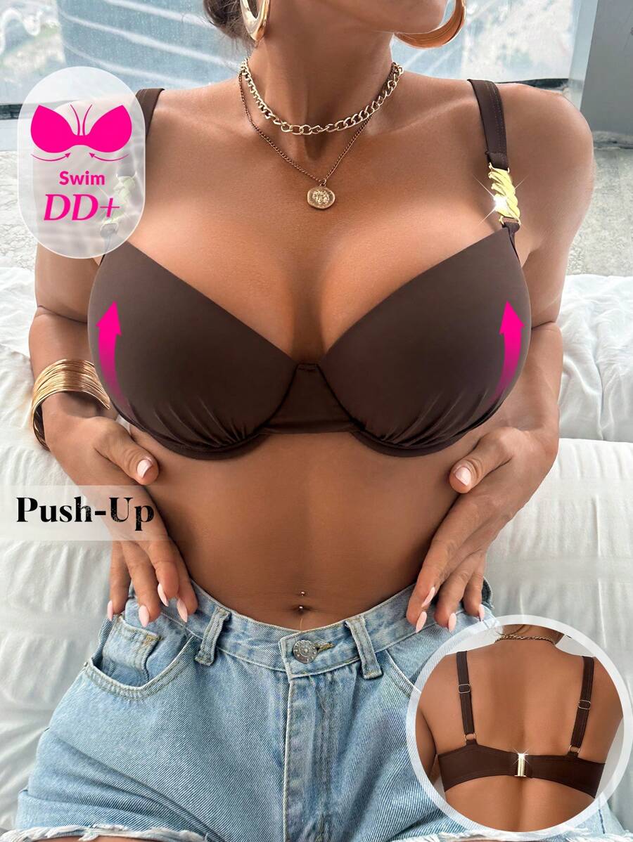 Swim DD+ Women's Solid Color Pleated Sexy Bikini Top For Summer Beach