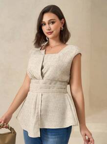 Chikora Plus Size Casual Asymmetric Sleeveless Shirt, Summer - Apricot - View 5