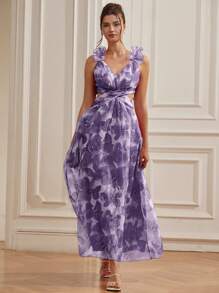 GENKIRA Italian Style Romantic Elegant Sexy Cross Strap Ruffle Hem Cami Design Cutout Waist V-Neck Organza Vibrant Red Floral Print Dress For Valentine's Date, Sleeveless Maxi - Purple - View 6