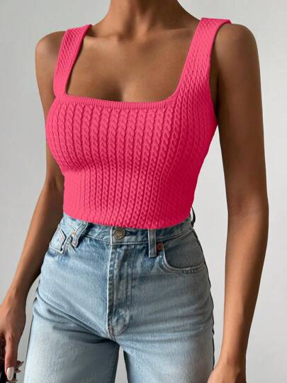 EURMUSE Women Twist Pattern Square Neck Sleeveless Fitted Knit Top Pink