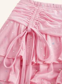 Sweetina Ultra Low Waist Ruched Tie Wrap High Slit Tiered Shiny Crystal Mesh Mini Skirt - Pink - View 3