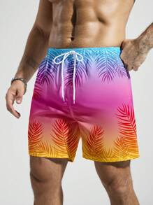 Manfinity KASUA Men's Gradient Color Printed Plant Pattern Insert Pocket Drawstring Waist Beach Shorts, Summer,Outdoor Sports Trunks Men Swim Wear BeachModeOn - Hot Pink - View 3
