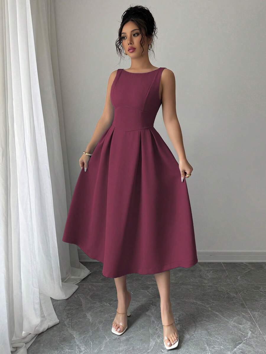 Elenzga Vestido midi con hombros descubiertos, talle ajustado y falda acampanada, elegante para el trabajo, el té de la tarde, fiestas, primavera/verano