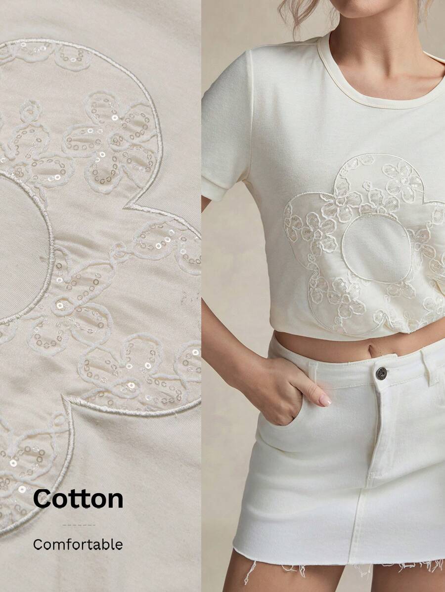 SHEIN Wildara Áo thun tay ngắn thêu hoa sequin giản dị cho nữ, mùa hè - màu đen - Xem 1