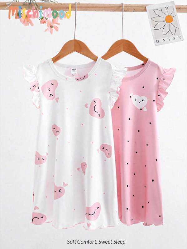 2 Pcs/Set Toddler Girls' Cap Sleeve Ruffle Sleeve Casual Long Nightgown & Homewear Set, Spring/Summer