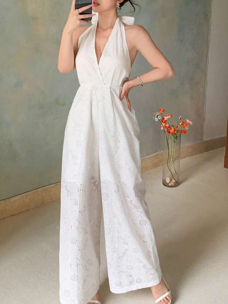 Women's Full Lace Halter Tie Wide Leg Solid Color Casual Vacation Jumpsuit Woman Summer Clothes Women White Birthday Women Summer Clothing Women Clothes Women Jumpsuits Cruise Outfit For Women