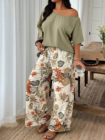 EMERY ROSE 2pcs/Set Plus Size Solid Color Shirt & Random Print Pants, Casual Resort Style