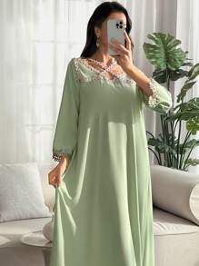 Al Najma Women's Romantic Modest Elegant Arabic Style Dress With Criss-Cross Lace Trim, Spring/Summer Full Length Jalabiya - Mint Green - View 7