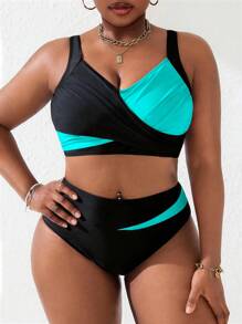 Slaydiva Conjunto de 2 piezas de traje de baño con top fruncido de contraste de talla grande para mujer, ideal para playa y vacaciones de verano