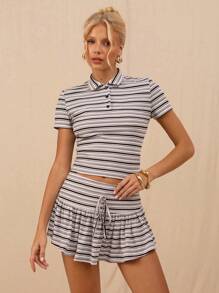SHEIN Forever 21 女士休闲条纹荷叶边下摆半身裙，夏季 - 黑色 - 查看 7