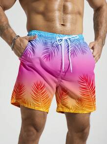 Manfinity KASUA Men's Gradient Color Printed Plant Pattern Insert Pocket Drawstring Waist Beach Shorts, Summer,Outdoor Sports Trunks Men Swim Wear BeachModeOn - Hot Pink - View 4