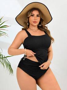 Swim Lushoire 2pcs Plus Size Solid Color Camisole Bikini Tank Top With Adjustable Strap & Ruched Shorts Casual Mature Style Swimsuit, Dress, Summer Outfits For Woman