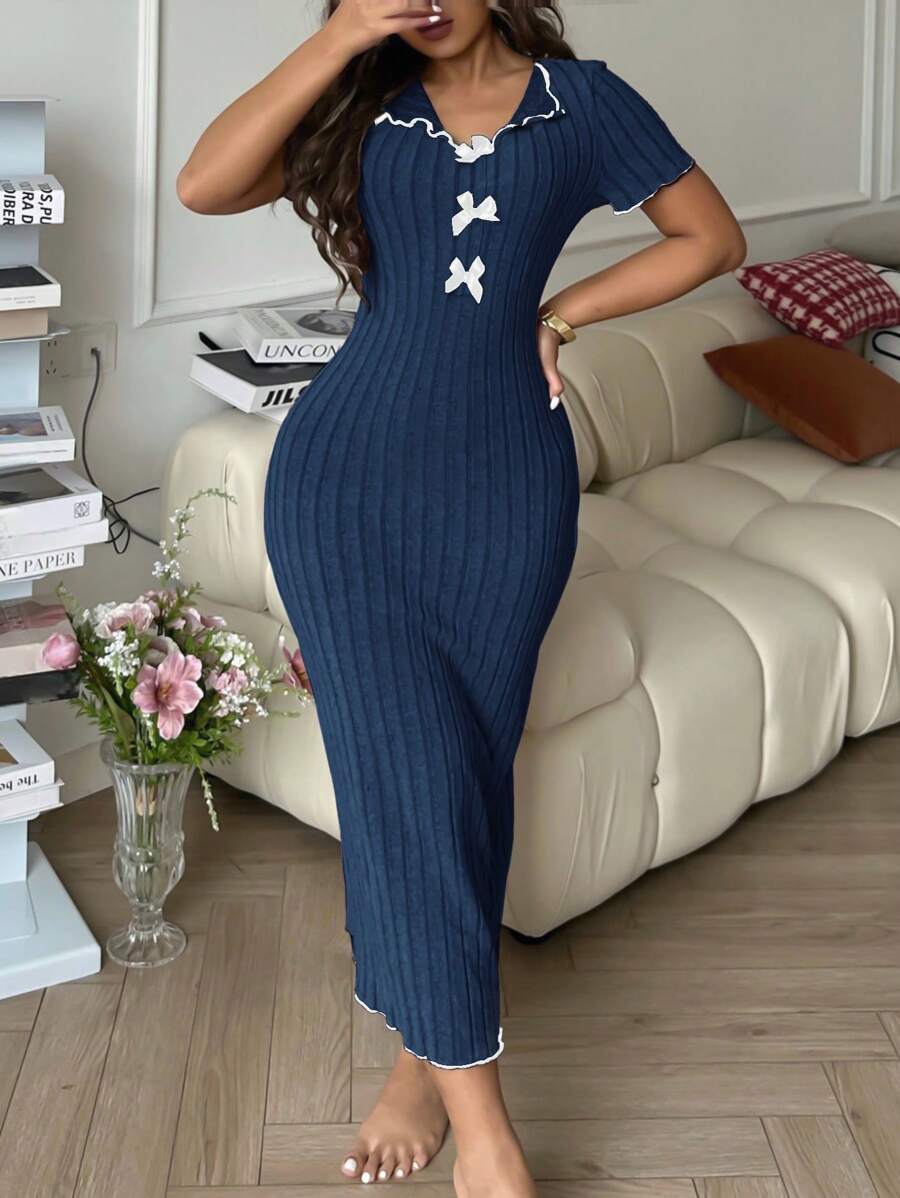 SHEIN 优雅蝴蝶结撞色针织条纹女式家居连衣裙 - 藏蓝色 - 查看 1