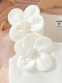 Elladie kids 小女孩 2 件套:珍珠和花朵点缀白色背心 + 粉色松紧腰修身短裤,适合生日、节日、夏季派对 - 橘色 - 查看 6