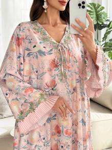 Al Najma 女式 V 领花卉蕾丝褶饰拼布浪漫花卉优雅度假阿拉伯风格长裙，春夏季，端庄 - 彩色 - 查看 6