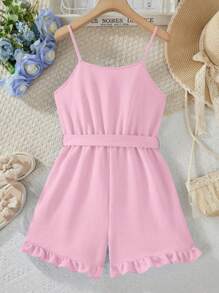 Conjunto de mono con volantes en el bajo para niñas preadolescentes, ropa casual de primavera/verano para vacaciones - Rosa - Ver 2