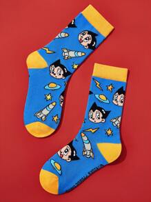 Astro Boy X SHEIN 3 Paar Baumwoll Kinder Socken mit süßen Cartoon Motiven, feuchtigkeitsableitend, atmungsaktiv und weich, Mittelhöhe, verstärkte Zehen und Fersen für Haltbarkeit, geeignet für alle Jahreszeiten, Schule und Alltag, blau