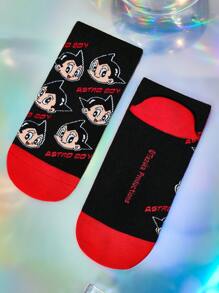 Astro Boy X SHEIN 3 双柔软透气吸湿排汗男士短袜，加固脚趾和脚跟，适合所有季节，黑灰条纹