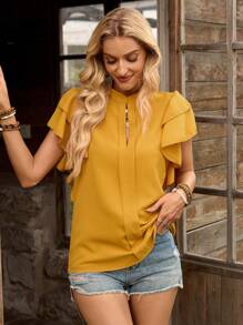 LanaWest Women's Solid Color Ruffle Short Sleeve V-Neck Fashionable Blouse - Yellow - View 4
