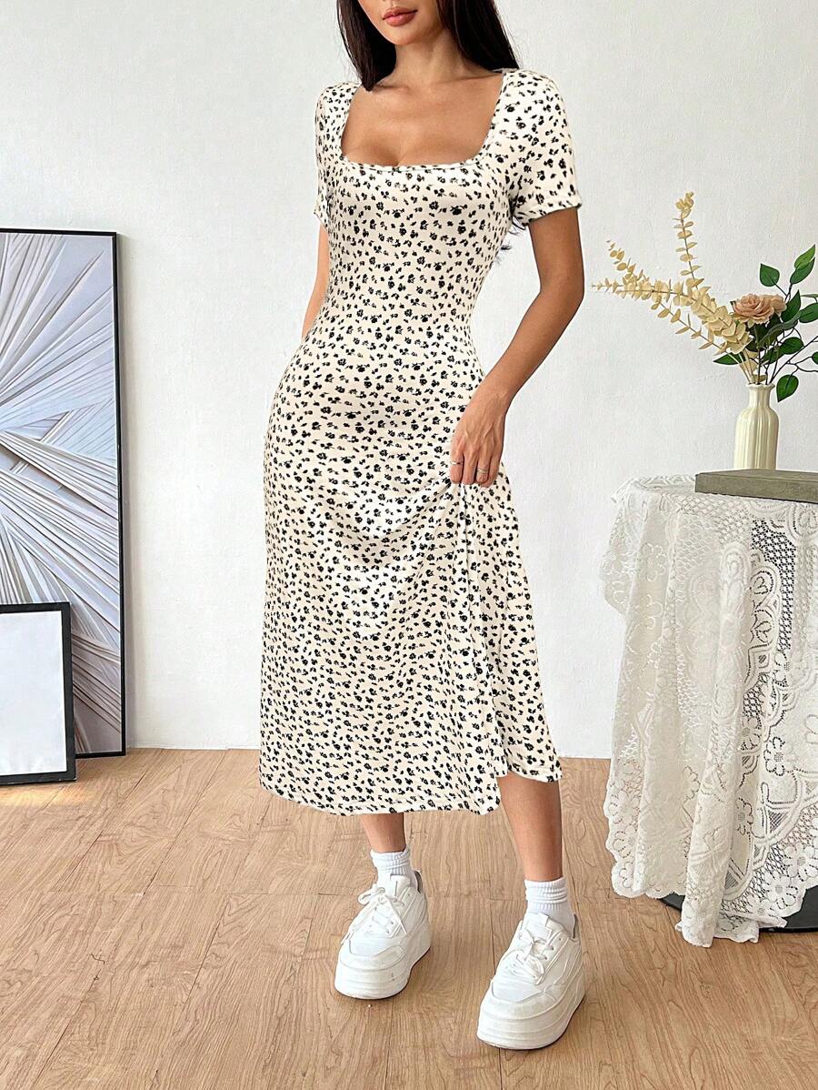 SHEIN Unity Women's Casual Ditsy Floral Square Neck Dress, Summer - Multicolor - View 1