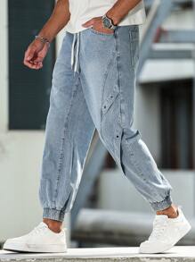 Manfinity LEGND Pantalones vaqueros informales para hombre con cintura ajustable con cordón y pierna entallada