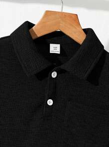 Tween Boy Casual Loose Solid Color Polo Collar Short Sleeve T-Shirt & Shorts Set, 2pcs, Suitable For Commuting, School, Daily Casual Wear, Sport, Spring/Summer - Black - View 4