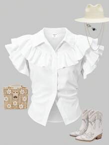 SHEIN Explorewe Teenage Girls' Ruffled Hem Blouse, Minimalist And Fashionable, Suitable For Summer - White - View 1
