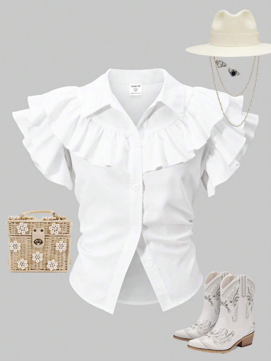 SHEIN Explorewe Teenage Girls' Ruffled Hem Blouse, Minimalist And Fashionable, Suitable For Summer - White - View 1