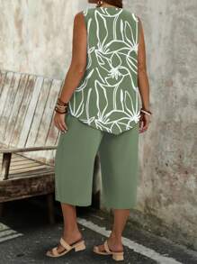 EMERY ROSE 2pcs/Set Plus Size Women Casual Vacation Green Stripe & Floral Print Set, Suitable For Summer Vcay Women Summer Sets,Vacation Outfits Woman,2 Pieces Summer Outfit Fall Clothes