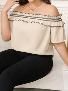 SHEIN Clasi Women Plus Size Ruffled Off-Shoulder Short Sleeve Fashionable Blouse Top - Apricot - View 1