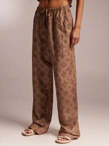 SHEIN Forever 21 Women's Geometric Print Belted Pocket Loose Leg Casual Trousers - Apricot - View 6