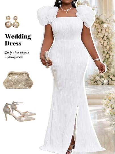 Fleurora Spring And Summer Elegant White Elegant Retro Work Wedding Reception Valentine's Day New Year's Party Knitted Depp V Neck Rhinestone Ruffle New Arrival Slim Dress Plus Size Dress Formal Prom Dress Plus Size Dress, Gown, For Evening, Wedding Guest