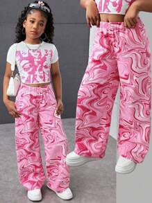 Tween Girls Summer Y2K Marble Print Drawstring Elastic Waist Wide Leg Casual Baggy Jeans Wide Leg Jeans For Daily Wear,Girls Summer Concert Festival Causal Rave Outfits, Girls Summer Brunch Church Graduation Outfits,Streetwear Back To School Outfits