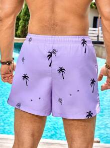 Manfinity Swimmode 男士夏威夷度假风印花沙滩短裤 - 淡紫色 - 查看 2
