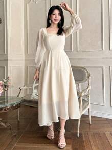 DAZY Abito da donna a maniche a palloncino con scollo quadrato, monocolore